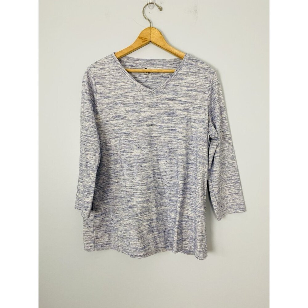 Kim Rogers Perfectly Soft Tee Womens Med 3/4 Sleeve Crew Blue V Neck Space Dyed